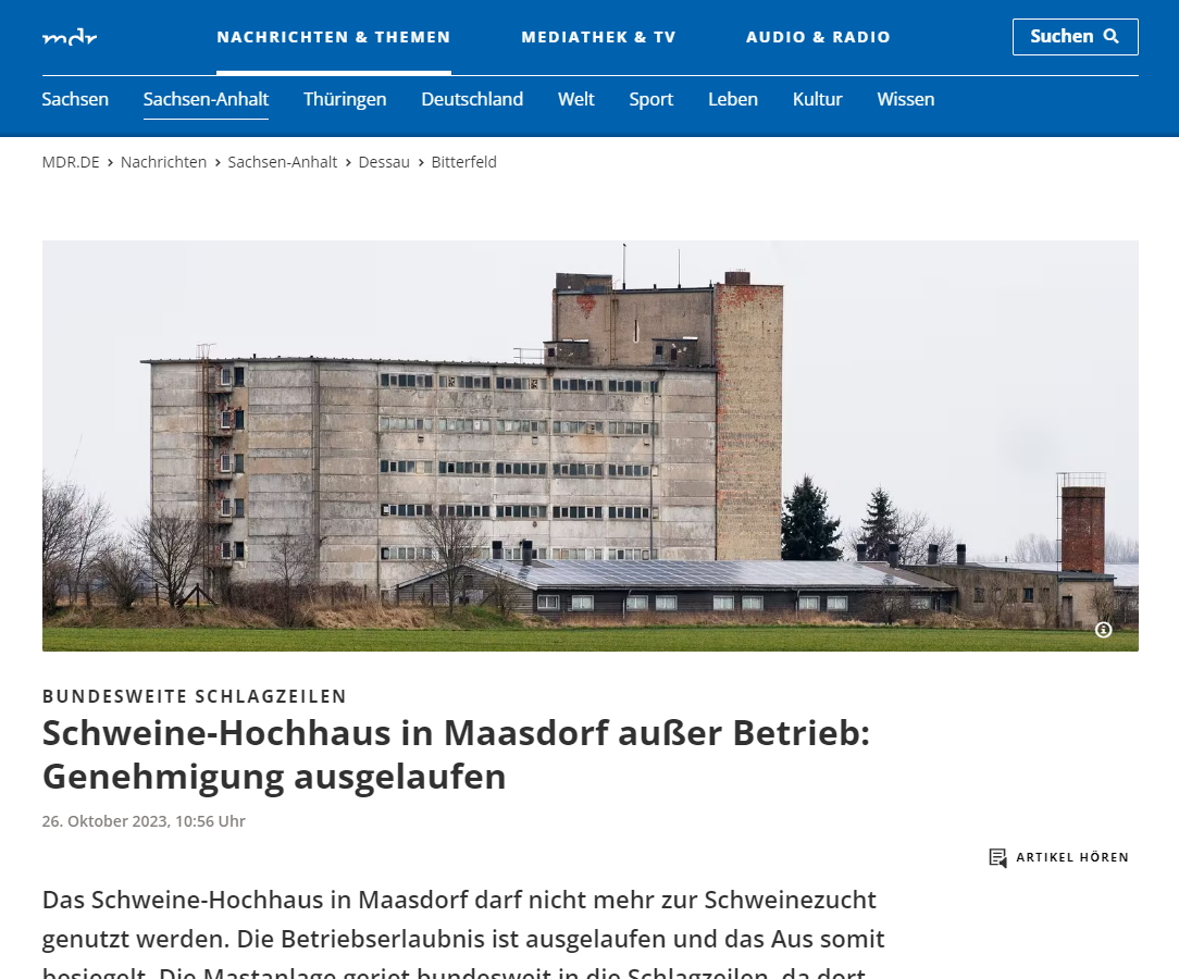 Schweine-Hochhaus in Maasdorf außer Betrieb: Genehmigung ausgelaufen