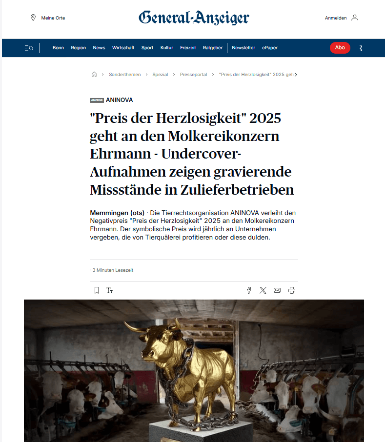 "Preis der Herzlosigkeit" 2025 geht an den Molkereikonzern Ehrmann - Undercover-Aufnahmen zeigen gravierende Missstände in Zulieferbetrieben